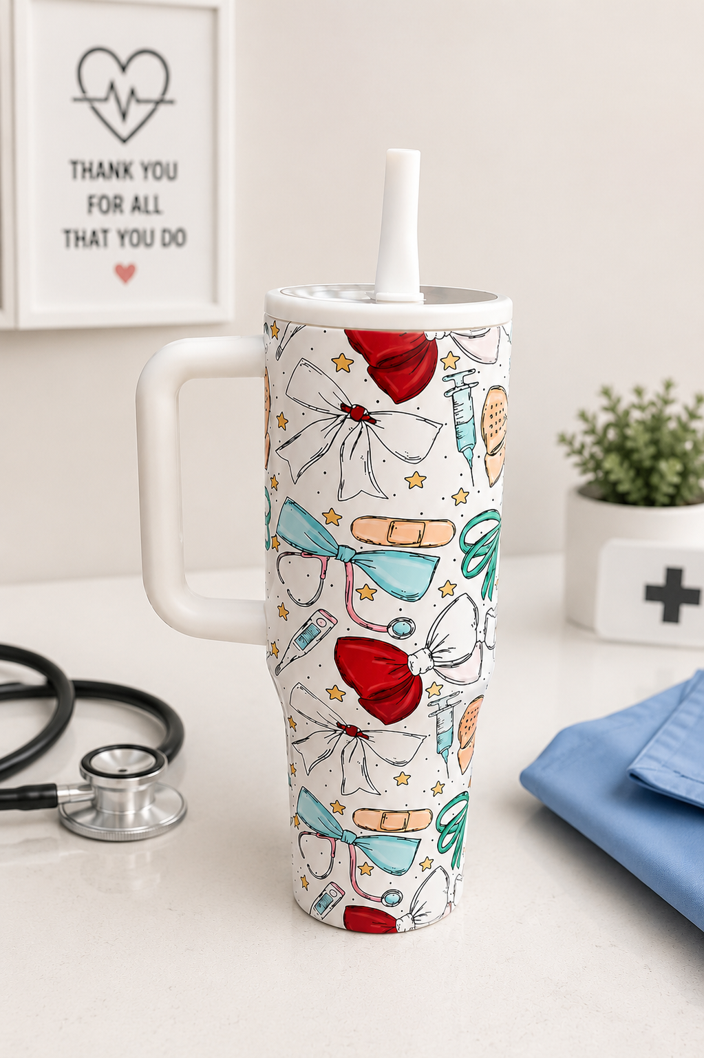 40oz Nurse Tumbler with Handle | Insulated Stainless Steel Travel Cup with Straw