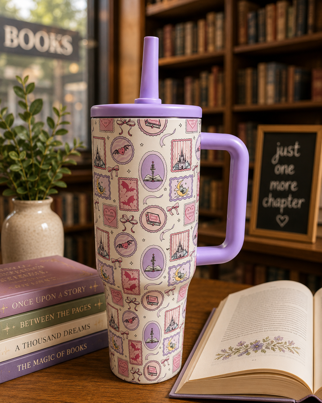 Book Lover 40oz Stainless Steel Tumbler with Handle & Straw