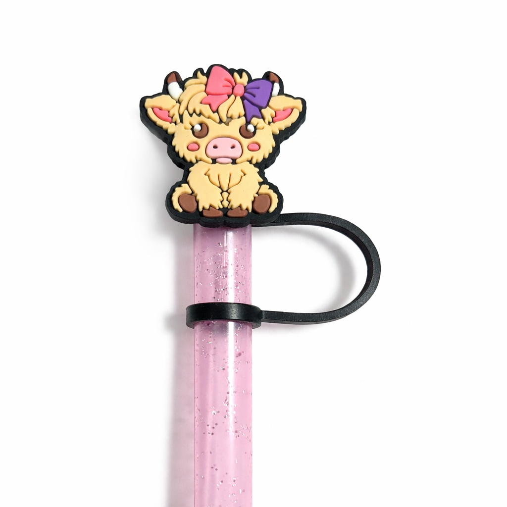 Highland Cow w/ Pink & Purple Bow 10mm Straw Topper