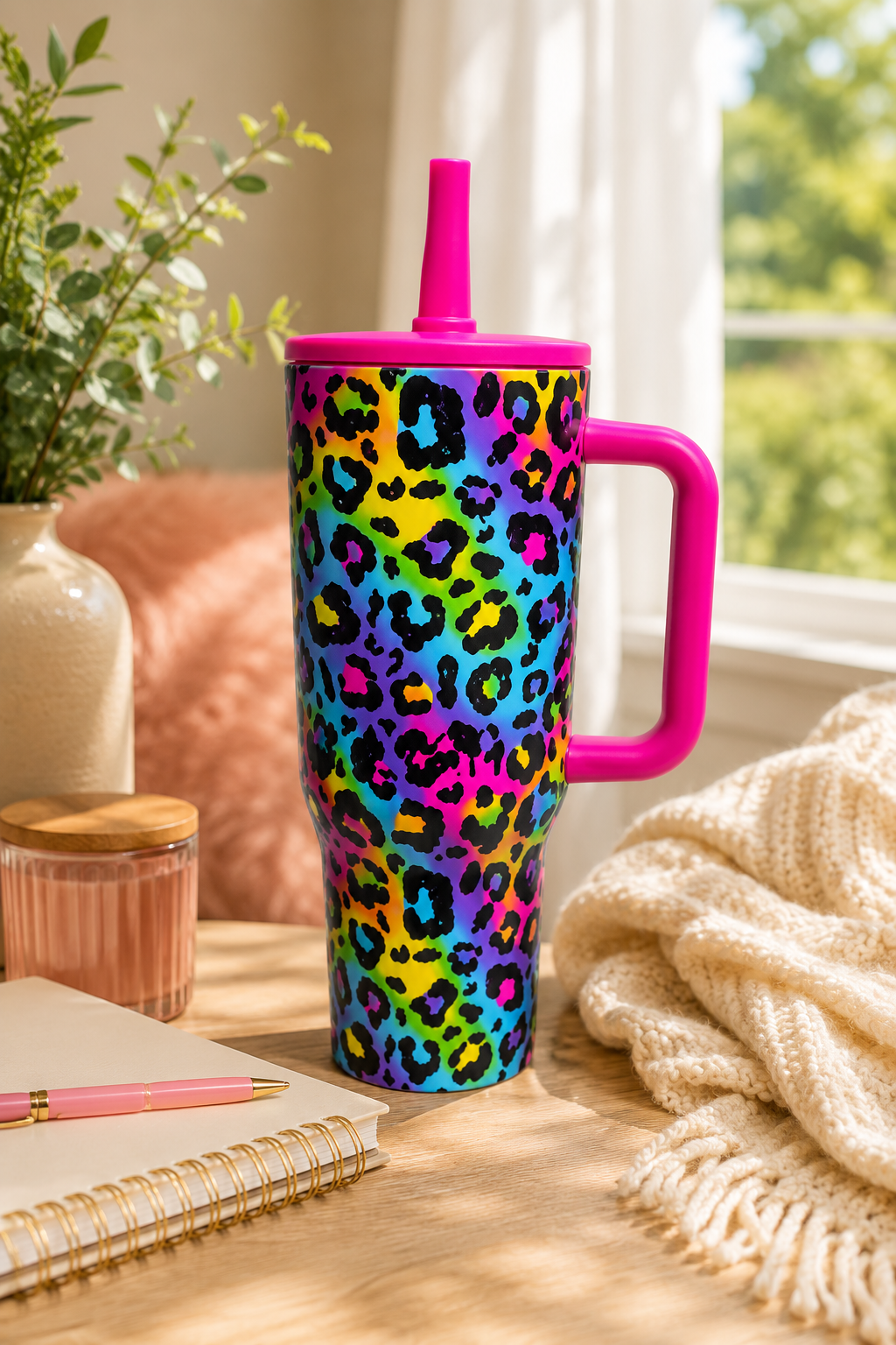 Leopard Print 40oz Stainless Steel Tumbler with Handle & Straw