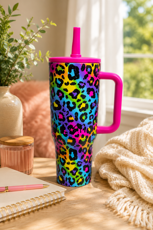 Leopard Print 40oz Stainless Steel Tumbler with Handle & Straw
