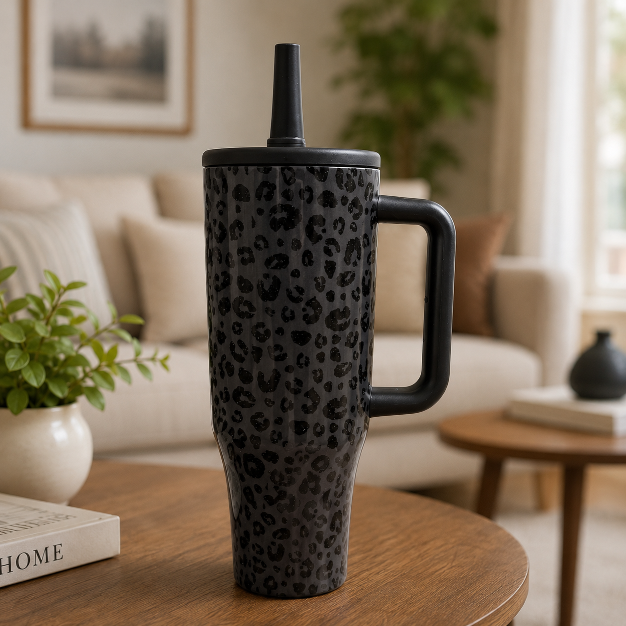 Leopard Print 40oz Stainless Steel Tumbler with Handle & Straw