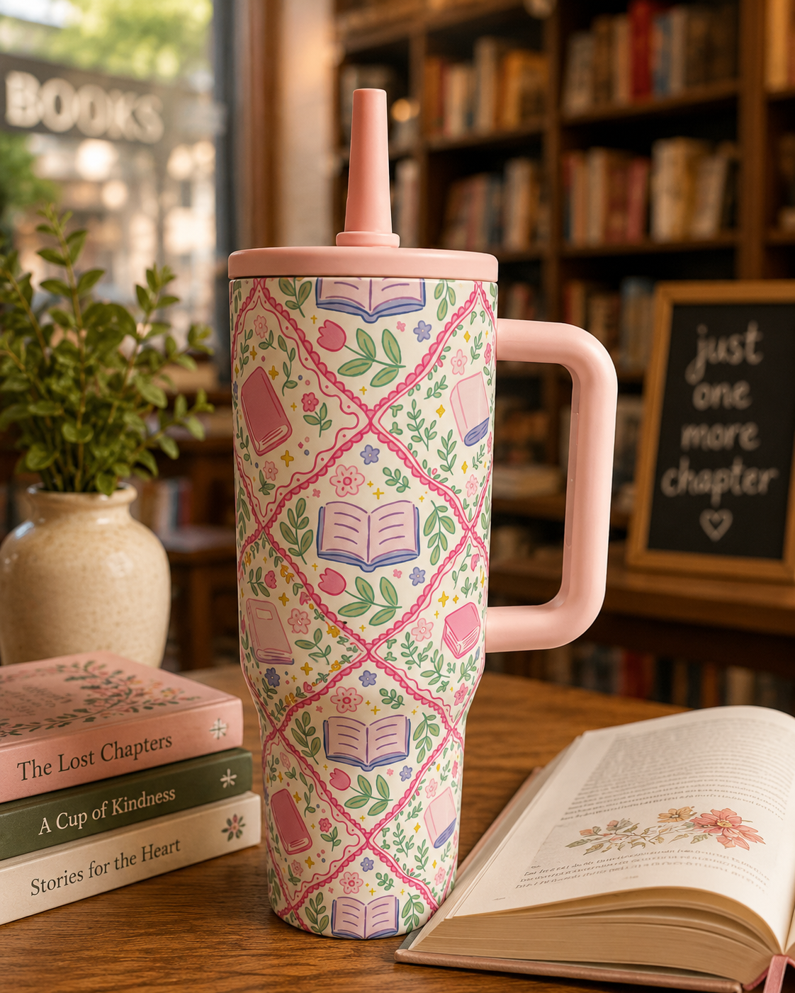 Book Lover 40oz Stainless Steel Tumbler with Handle & Straw