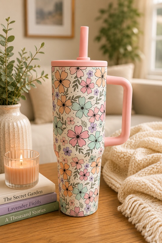 Floral 40oz Stainless Steel Tumbler Collection with Handle & Straw