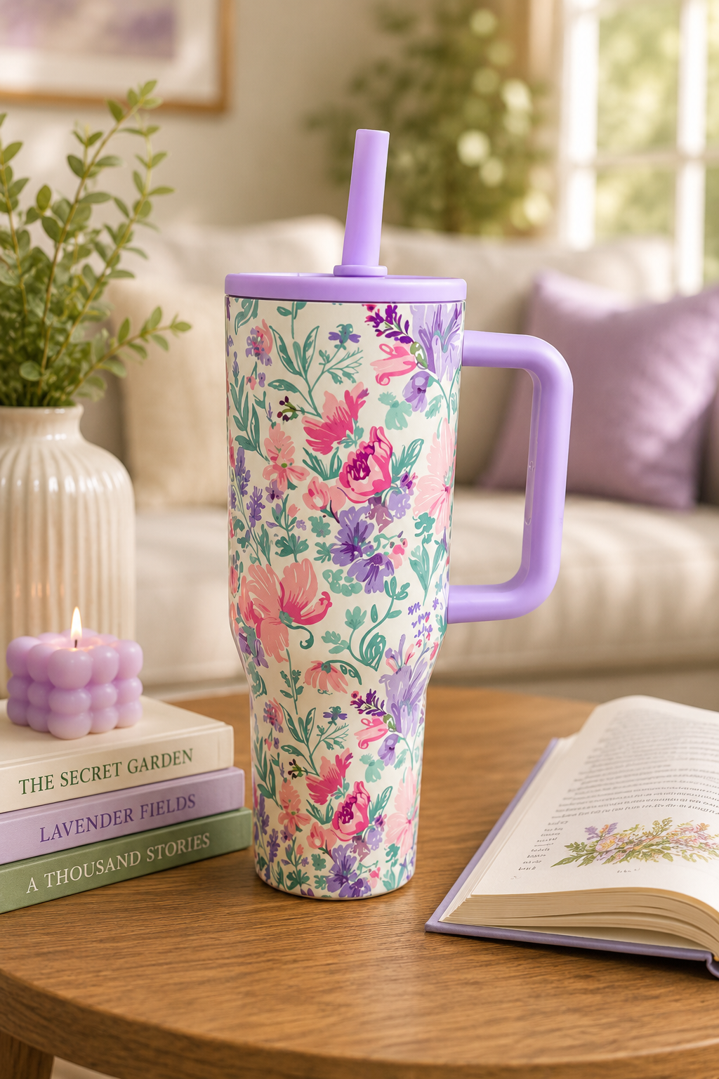 Floral 40oz Stainless Steel Tumbler Collection with Handle & Straw